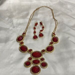Elegant Red and Gold Necklace and Earring Set